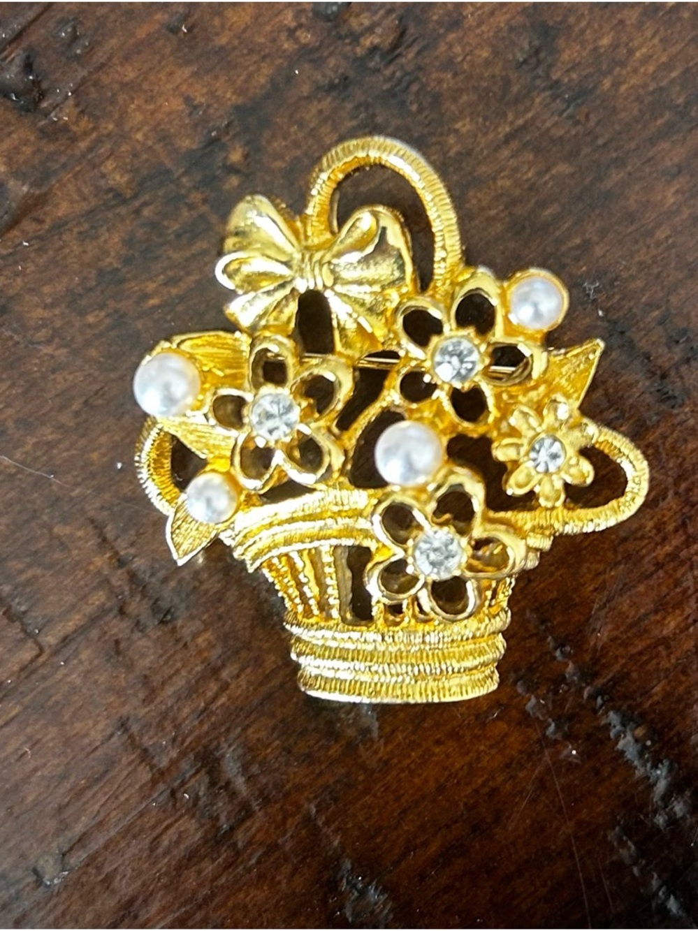 Gold Floral Basket Brooch with Pearls and Crystals - Women Jewelry